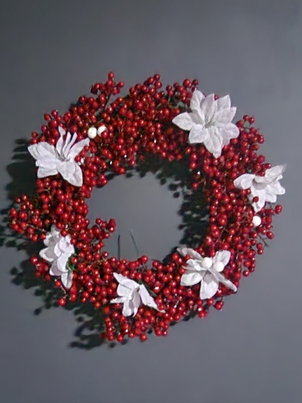 Festive Red Berry Wreath with White Poinsettias - Picture 1 of 1